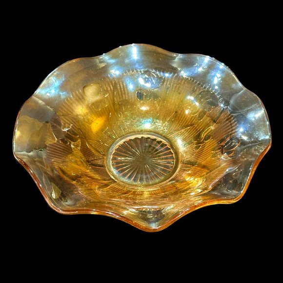 Jeanette Iris and Herringbone Ruffle Edge Marigold Carnival Glass Bowl 11.5 Inch - Picture 2 of 7